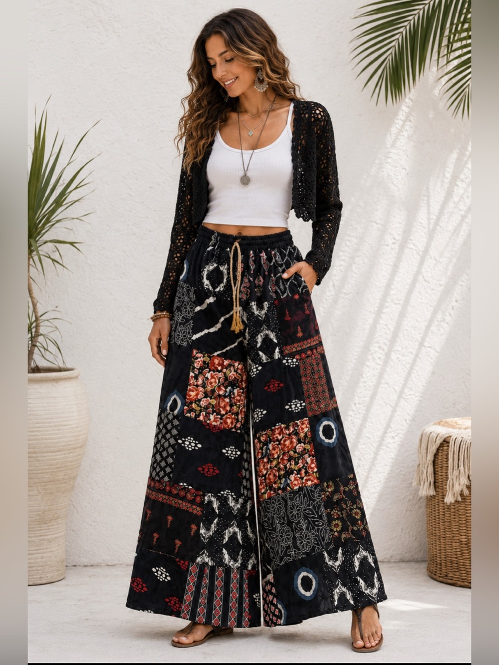 Boho Handmade Cotton/Rayon Patchwork Wide Leg Pants with Pockets O/S (fits most)